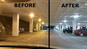   روشنایی پارکینگ با لامپ سدیم که CRI پایینی دارد و بعد از اصلاح با لامپ با CRI بالا و تشخیص رنگ بهتر